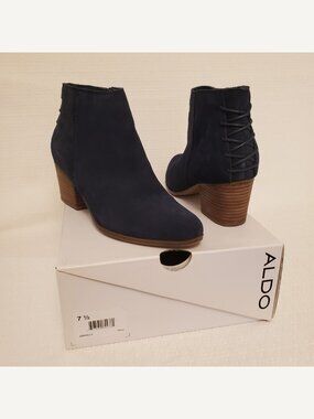 ALDO Abiralle Navy Blue Suede-Look Ankle Boots Lace Back Block Heel 7.5